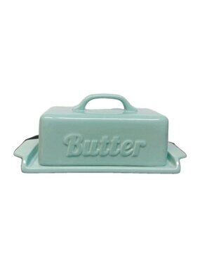 Dowan porcelain butter dish Jade Color with a wooden knife Handle 8"1/4x3"1/4New
